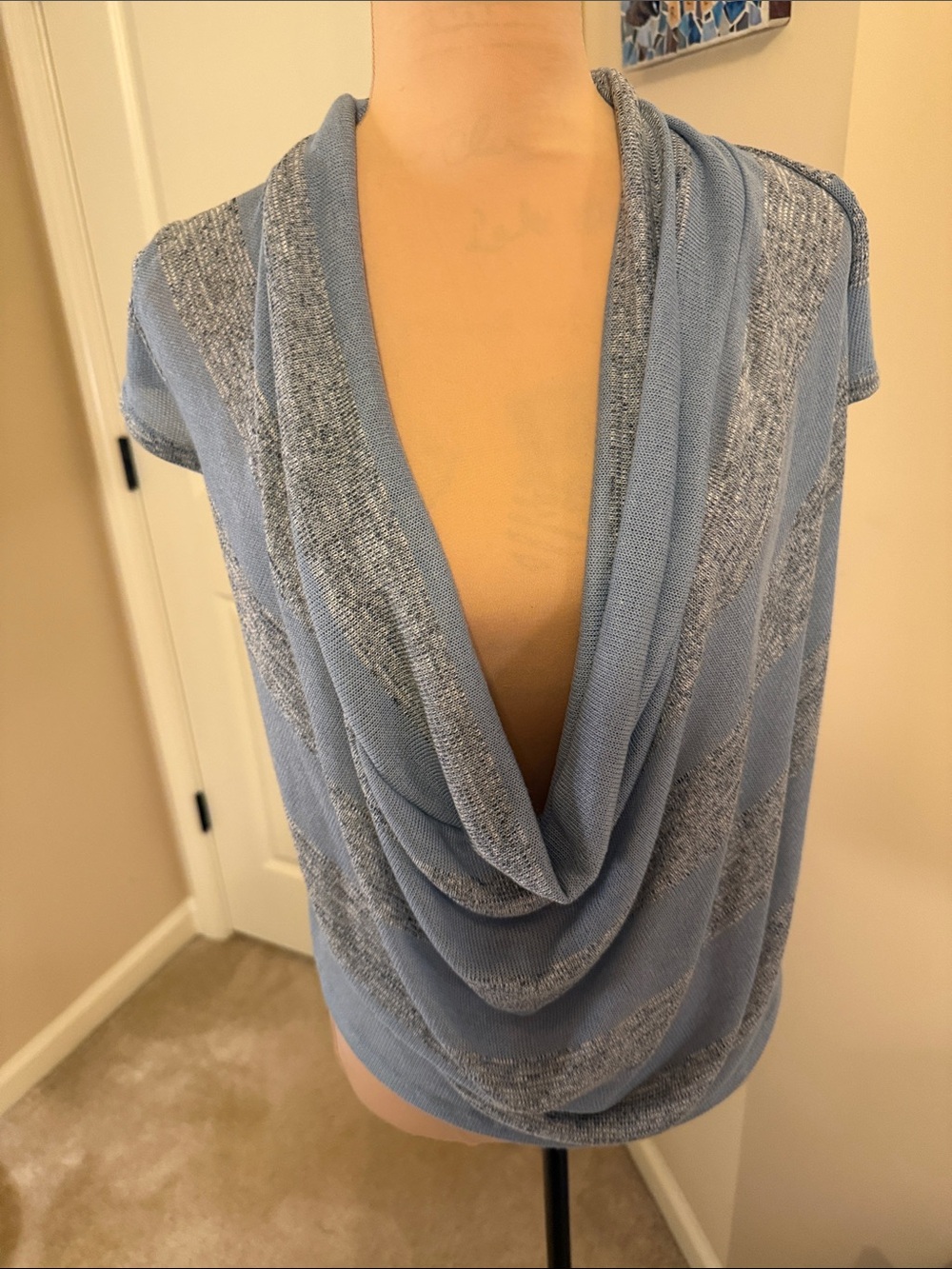 Draped Cowl Neck Knit Top in Light Blue